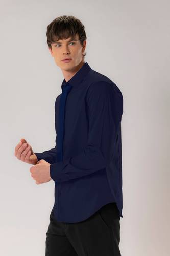 חולצת גבר שרוול ארוך SLIM FIT  בכחול כהה