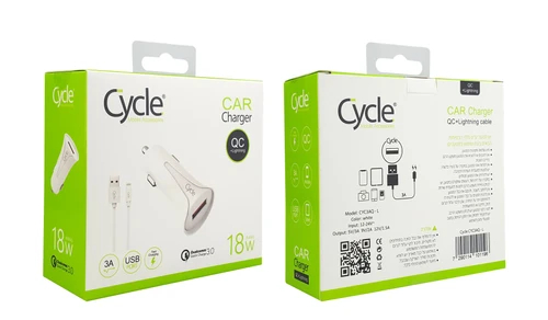מטען רכב מהיר Cycle CYC3AQ-L עם יציאת USB בתקן QC3.0 18W + כבל Lightning
