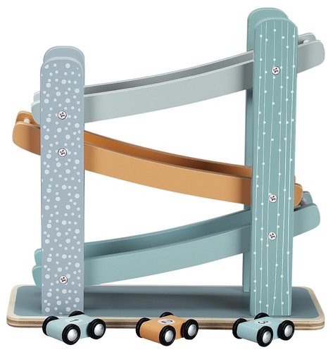 מסלול מגלשה למכוניות מעץ מלא + 3 מכוניות משחק בצבעי פסטל