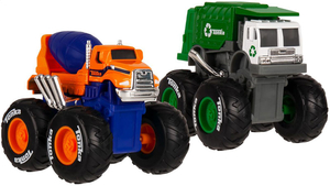 זוג רכבים ממתכת עם גלגלי ענק - משאית בטון ומשאית אשפה