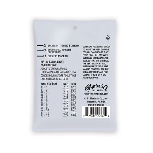 סט מיתרים 12 מיתרים 0.10 לאקוסטית Martin MA180 AUTHENTIC SP
