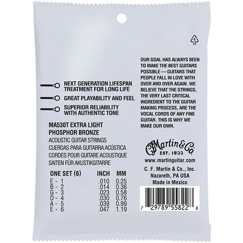 סט מיתרים 0.10 לאקוסטית Martin MA530T Lifespan Treated Phosphor Bronze