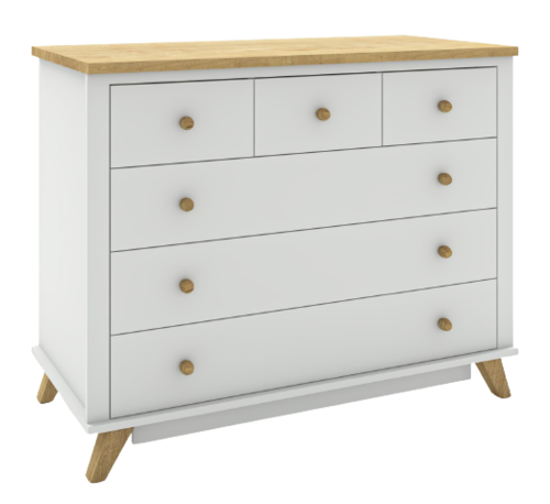 שידת תינוק רחבה סידני עם מגירות טריקה שקטה - לבן עם פלטה עץ בצבע אלון