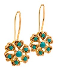 עגיל זהב 14 קרט צהוב שיבוץ טורקיזים