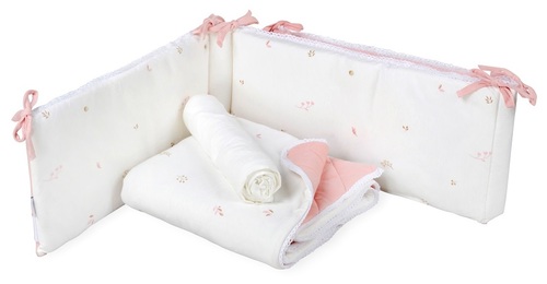 סט מצעים 3 חלקים לעריסת תינוק 100% כותנה - ורוד/לבן עלים עם פס תחרה