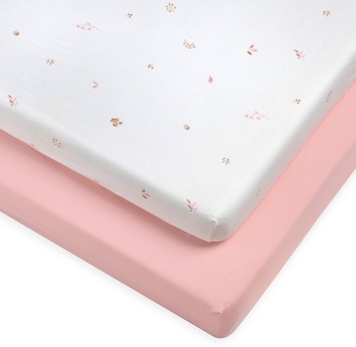 זוג סדינים ללול תינוק 100% כותנה טריקו - ורוד חלק/לבן עלים