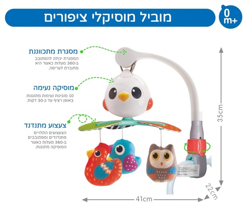 מובייל מוסיקלי מסתובב עם 10 מנגינות - ציפורים
