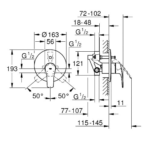 מידות 33305003 GROHE | סט אינטרפוץ קומפלט 4 דרך | כרום ניקל | EUROSMART יורוסמארט גרואה.