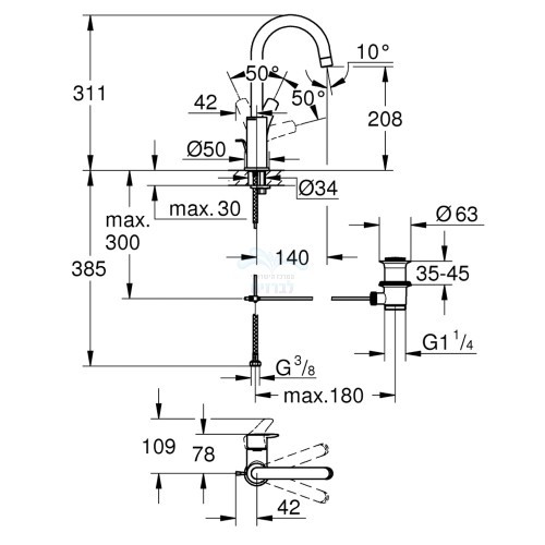 23537003 GROHE | ברז ברבור ניצב לכיור רחצה EUROSMART | פיה קשתית | כרום ניקל יורוסמרט גרואה.