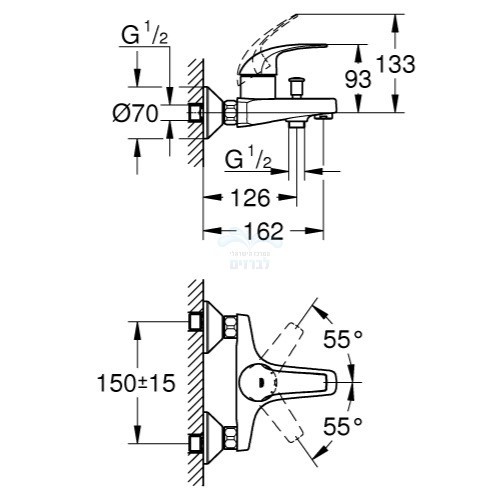 מידות 23599000 GROHE | ברז סוללה (קיר) לאמבטיה גרואה BAU CURVE | כרום ניקל.