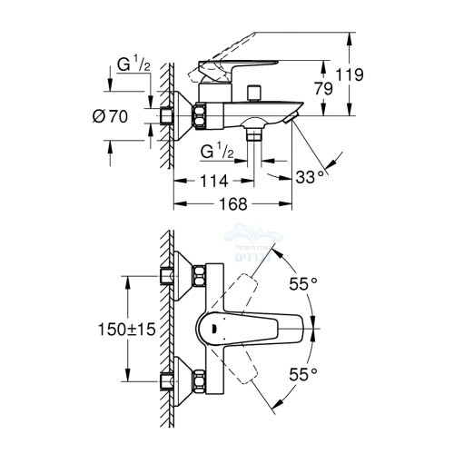 מידות 23605001 GROHE | ברז סוללה (קיר) לאמבטיה גרואה BAUEDGE | כרום ניקל.