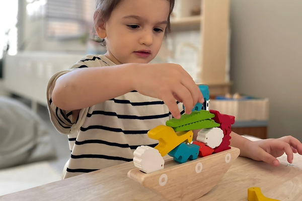 פעוט מתרגל מוטוריקה עדינה ותפיסה מרחבית בעזרת משחק שיווי משקל חיות מעץ של פלאן טויס (PlanToys 5136)