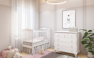 חדר תינוק בל עם שידה ומיטה בקווים מעוגלים ורכים (טריקה שקטה) - לבן