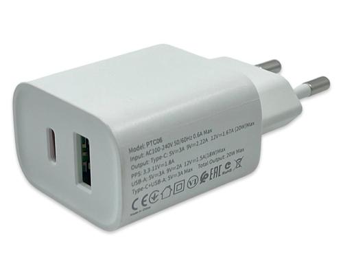 מטען קיר אולטרה מהיר עם 2 יציאות (USB-C ו-USB-A) בהספק 20W