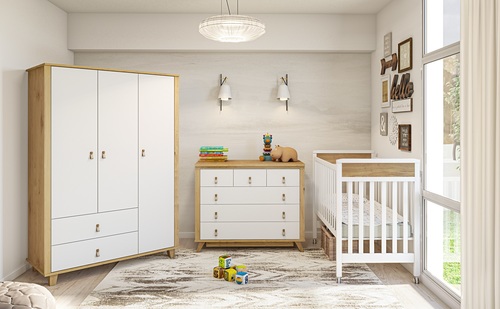 חדר תינוק בוסטון בקווים ישרים ושילוב דמוי עץ טבעי (טריקה שקטה)