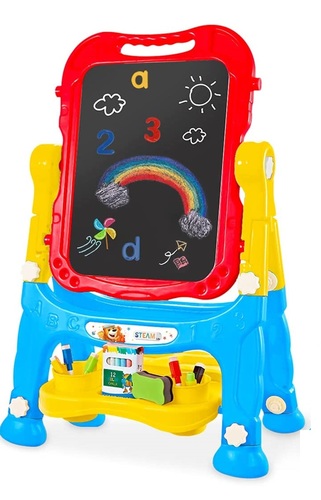 לוח ציור גיר/מגנט/טושים, מסתובב 360, דו-צדדי עם מגש ואביזרי ציור - צבעוני