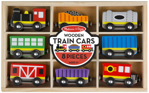 סט רכבת וקרונות מעץ 8 חלקים עם גלגלים בארגז אכסון רב פעמי