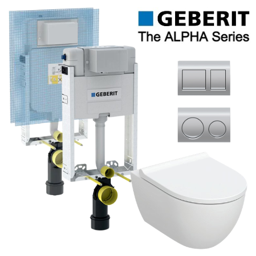 סט ניאגרה סמויה GEBERIT Alpha לקיר בלוקים | כולל אסלה תלויה RIMLESS + מושב אסלה + לחצן
