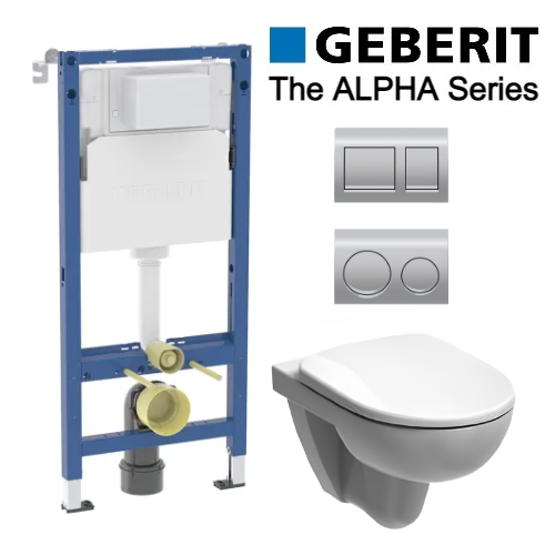 סט ניאגרה סמויה GEBERIT Alpha לקיר גבס | כולל אסלה תלויה + מושב אסלה + לחצן