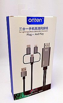 כבל HDMI לכל המכשירים - 3 ב-1 (אייפון, מיקרו וטייפ סי) - Plug and Play - חברת ONTEN