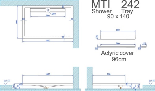אגנית אקרילית מלבנית 140/90 לבנה MTI 242