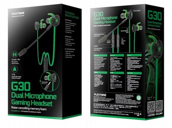 אוזניות גיימינג Plextone G30 חיבור Aux - עם באס מודגש, מיקרופון ארוך וגמיש הניתן להשתקה בלחיצת כפתור, כבל מאריך Aux ל-2.2 מטר,מתאם Aux למחשב (1 ל-2) ונרתיק נשיאה