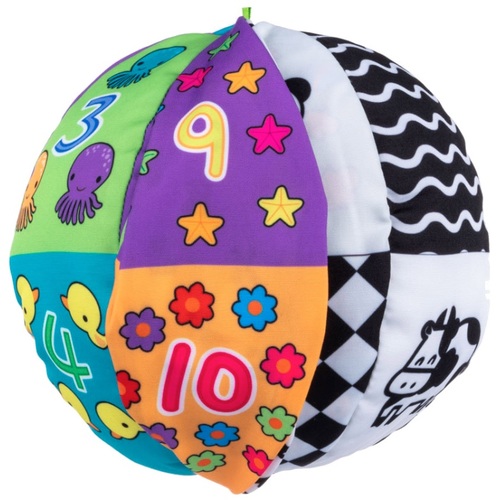 כדור פעילות רך דו-צדדי צבעוני / שחור-לבן ללימוד מספרים, צבעים, צורות, חיות ועוד