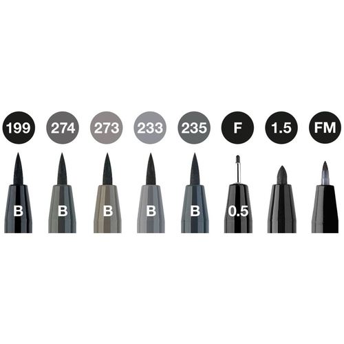 8 עטים PITT artist pens (עוביים שונים בגווני אפור-שחור)