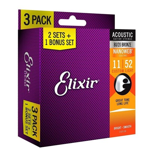 מארז 3 סטים 2+1 לאקוסטית ELIXIR NANOWEB 16538 0.11-0.52