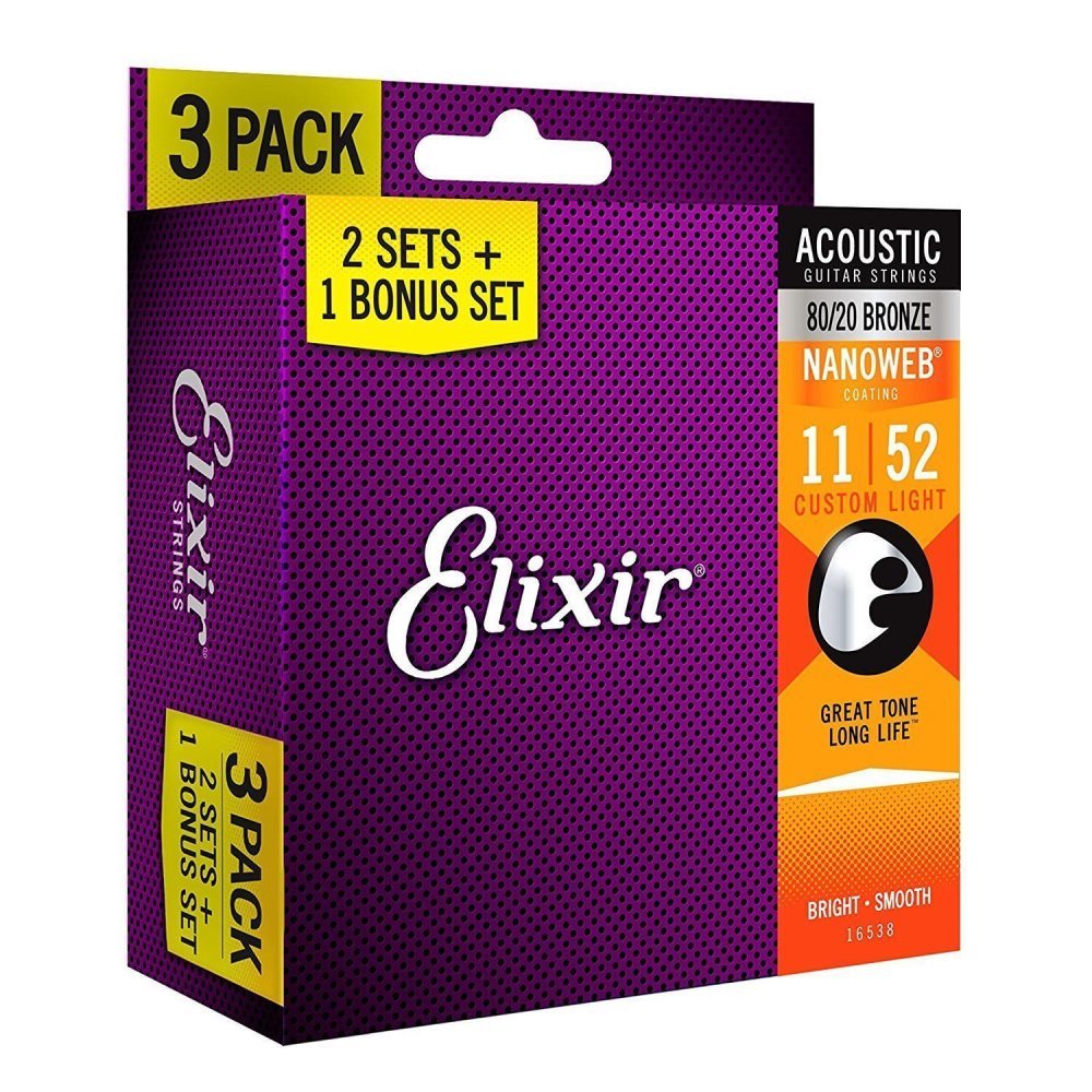 מארז 3 סטים 2+1 לאקוסטית ELIXIR NANOWEB 16538 0.11-0.52