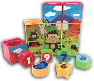 פאזל קוביות והתאם צורה 4 ב-1 חיות, צבעים, צורות ומספרים