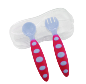 סט כפית ומזלג לפעוט עם ידית מונעת החלקה בקופסת פלסטיק רב פעמית - אדום