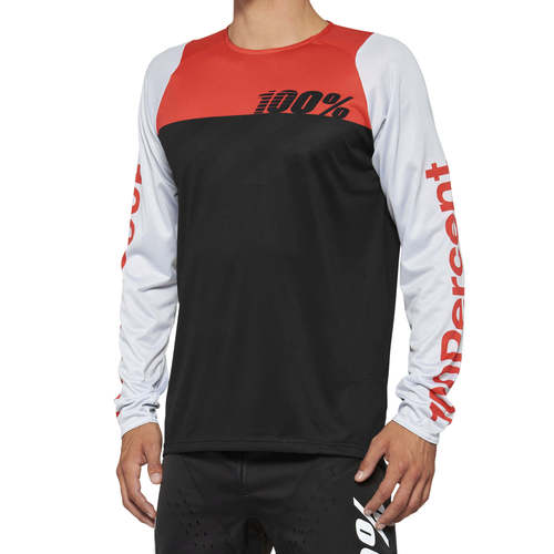 חולצת רכיבה שרוול ארוך 100% שחור / אדום / לבן -  100% R-CORE JERSEY  
