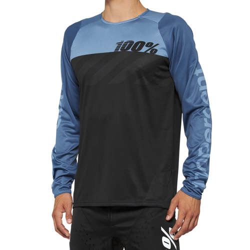 חולצת רכיבה שרוול ארוך 100% שחור / כחול -  100% R-CORE JERSEY  