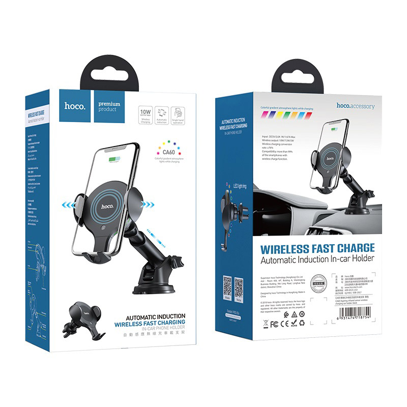 מעמד לטלפון נייד + טעינה אלחוטית לרכב שחור לזכוכית / מזגן Hoco CA60