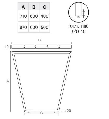 רגל לשולחן ולדלפק ברוחב עליון 60 ס