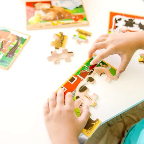 רביעיית פאזלים מעץ 12 חלקים כל אחד בקופסת עץ רב פעמית - חיות בית
