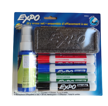 סט 4 טושים מחיקים + ספוג + ספריי ניקוי ללוח EXPO