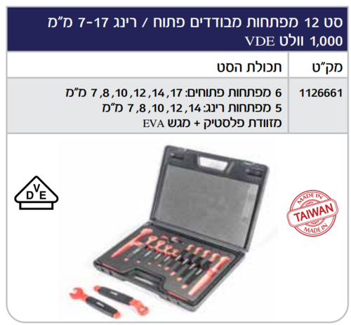 סט מפתחות מבודדים VDE פתוח/רינג 12 יח', 7-17 מ