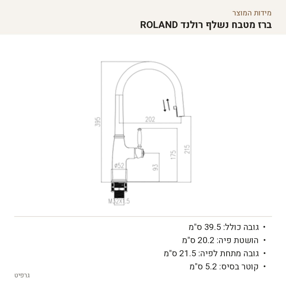 שרטוט מידות של ברז רולנד ROLAND, גימור גרפיט