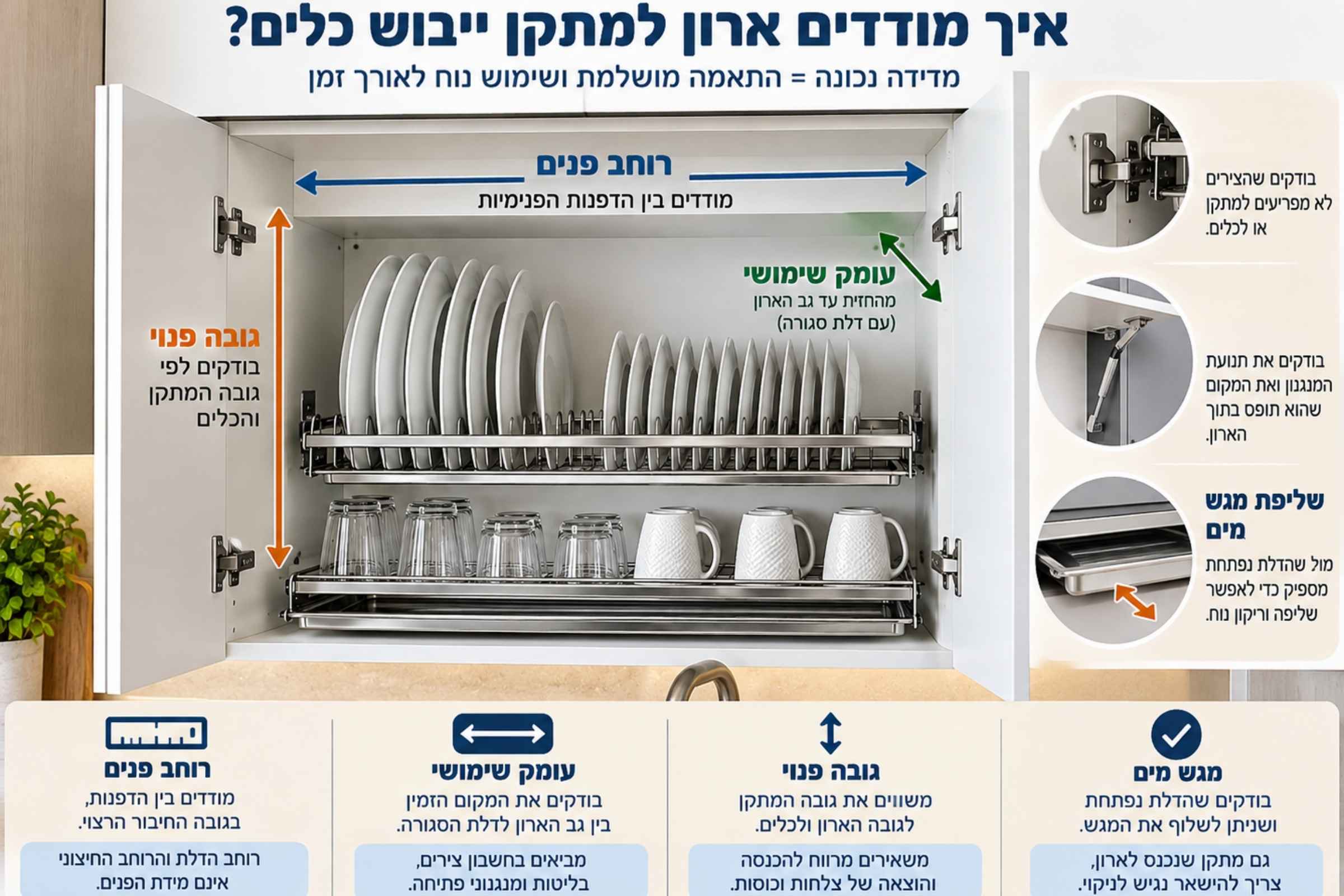 מדריך מדידת ארון למייבש כלים: רוחב פנים הארון, עומק שימושי, גובה פנוי ובדיקת צירים ושליפת מגש מים
