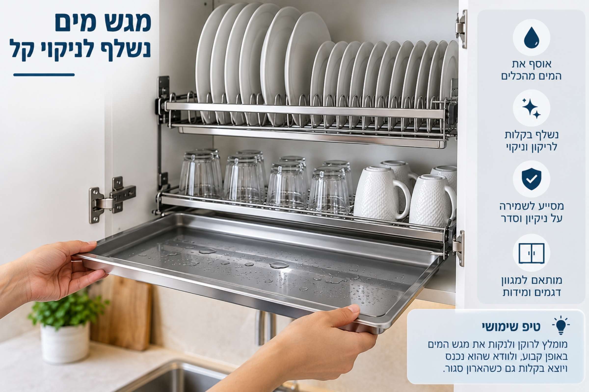 המחשת שליפת מגש איסוף מים ממתקן ייבוש כלים בארון מטבח לצורך ריקון וניקוי