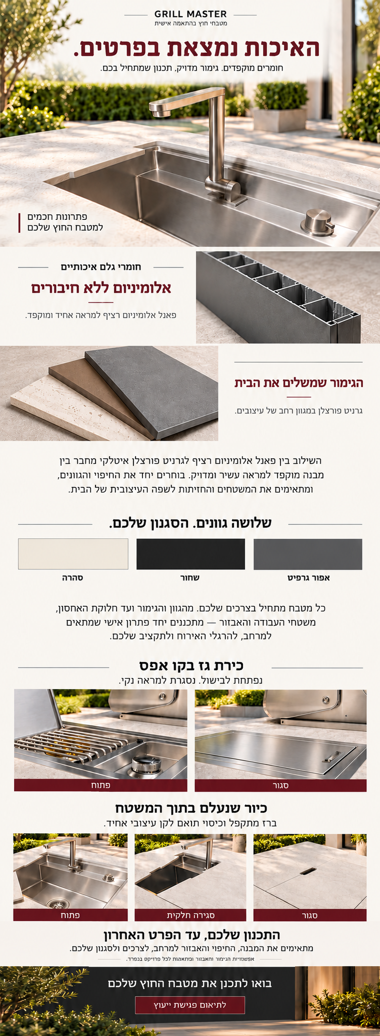 מטבחי חוץ בהתאמה אישית &mdash; אלומיניום רציף, גרניט פורצלן איטלקי, אפור גרפיט, שחור וסהרה, כיור נסתר וכירה בקו אפס