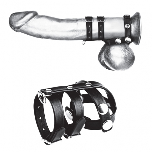 טבעת זקפה | Blue Line - Double Cock And Ball Strap With Leash Lead