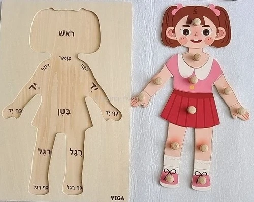 פאזל כפתורי עץ גדול 12 חלקים עם כיתוב בעברית גוף האדם - בת