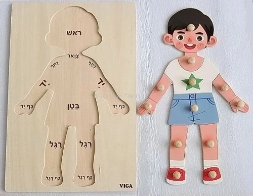פאזל כפתורי עץ גדול 12 חלקים עם כיתוב בעברית גוף האדם - בן