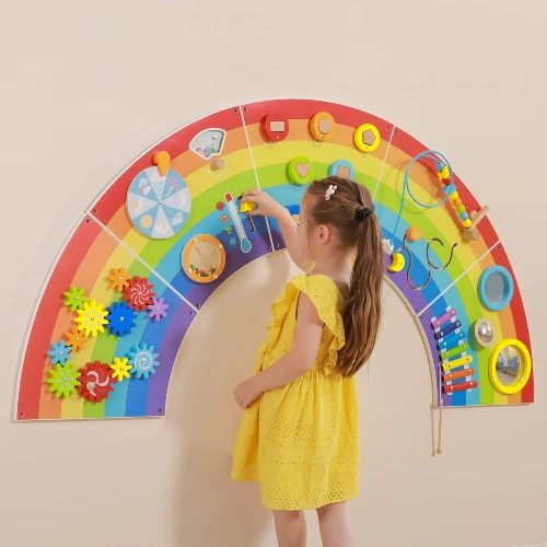 לוח פעילות עץ ענק לתליה על הקיר - קשת בענן 12 פעילויות עם גלגלי שיניים, קסילופון והתאמת צורות