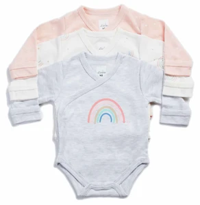 שלישיית בגדי גוף מעטפת שרוול ארוך 100% כותנה NB - אפור בהיר קשת/שמנת קשתות/ורוד כוכבים