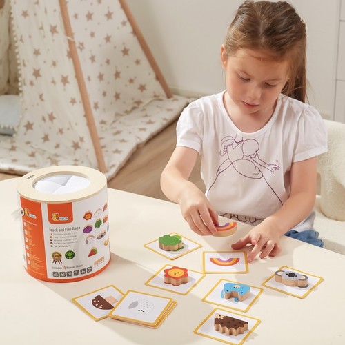 משחק 'משש והתאם' מעץ בדלי עם 19 צורות וכרטיסיות התאמה