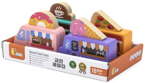 סט 4 משאיות אוכל מעץ מלא עם גלגלים מסתובבים - פיצה, קפה, גלידה ודונאטס